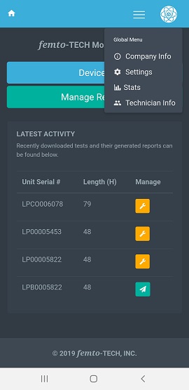 Rad-Lab Mobile Settings Menu